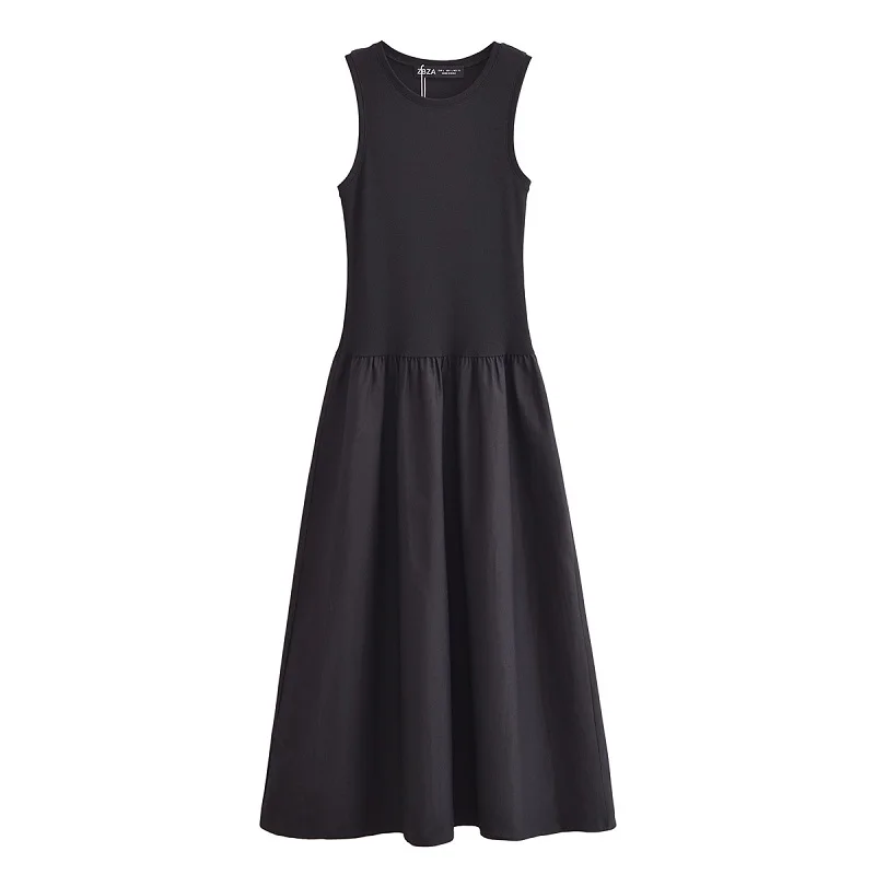 MUJER Black Pleated Long Dresses for Women Knitted Sleeveless Maxi Dress Woman Vintage Party Womens Dresses Spring Casual Dress image 3