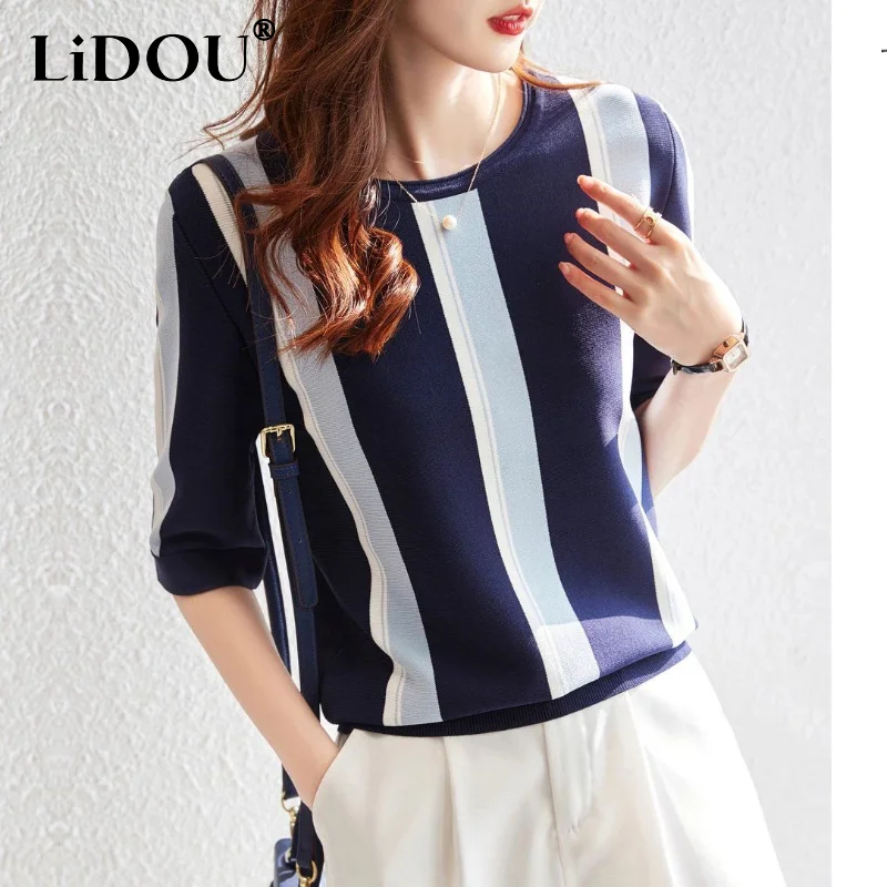 

2023 New Spring Summer Short Sleeve O neck Loose Pullover Striped Korean Style office lady elegant fashion T-shirts for Women