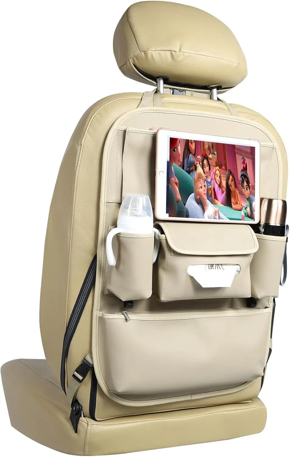 

Waterproof Backseat Protector with Large Storage Pocket, Leather Kick Mats for Kids Pets in SUV Truck (Beige)