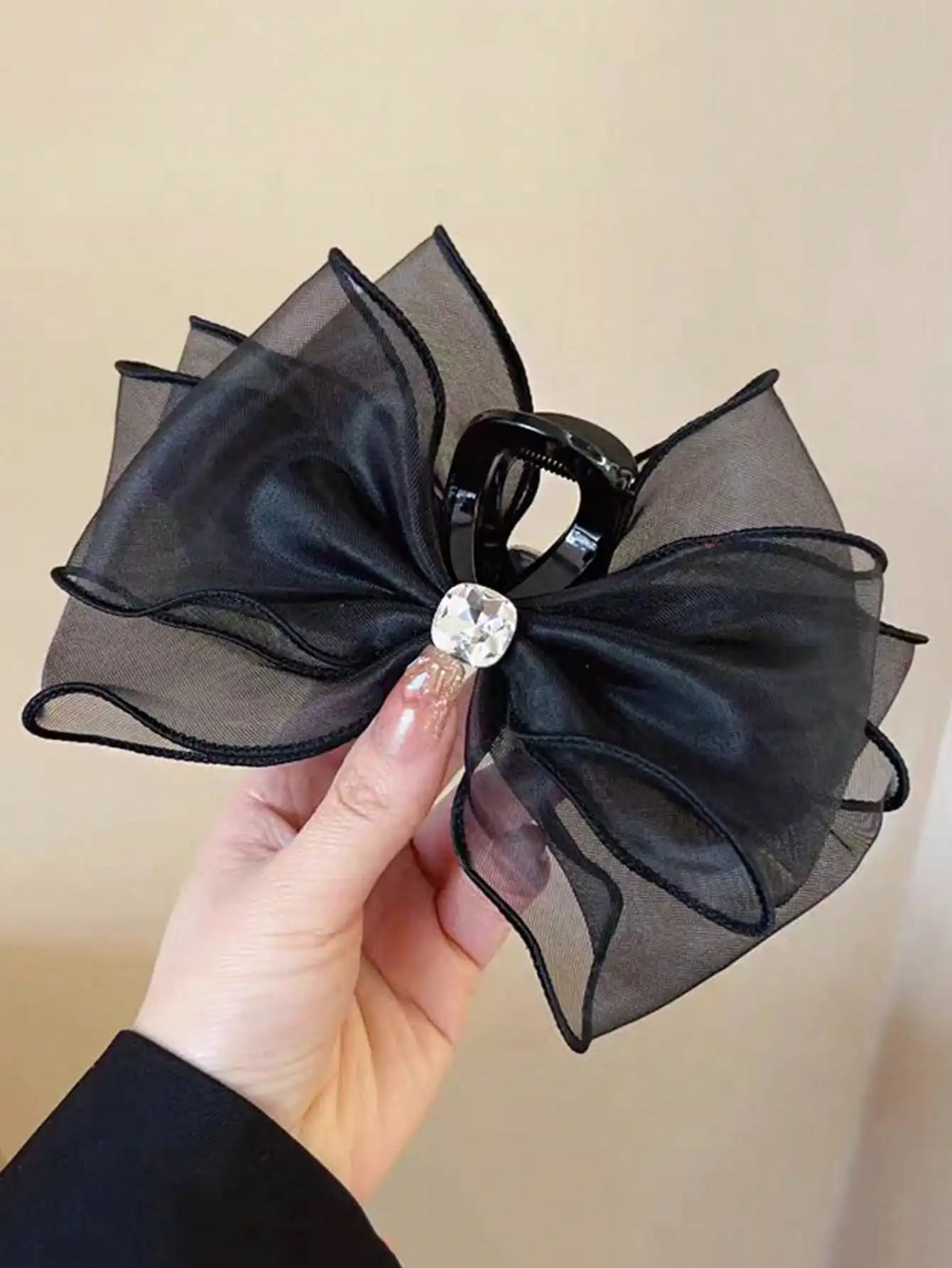 

1pc Women's Minimalist Crystal Black Mesh Bow Hair Clip, Elegant Large Size Hair Accessory Suitable For Daily Wear