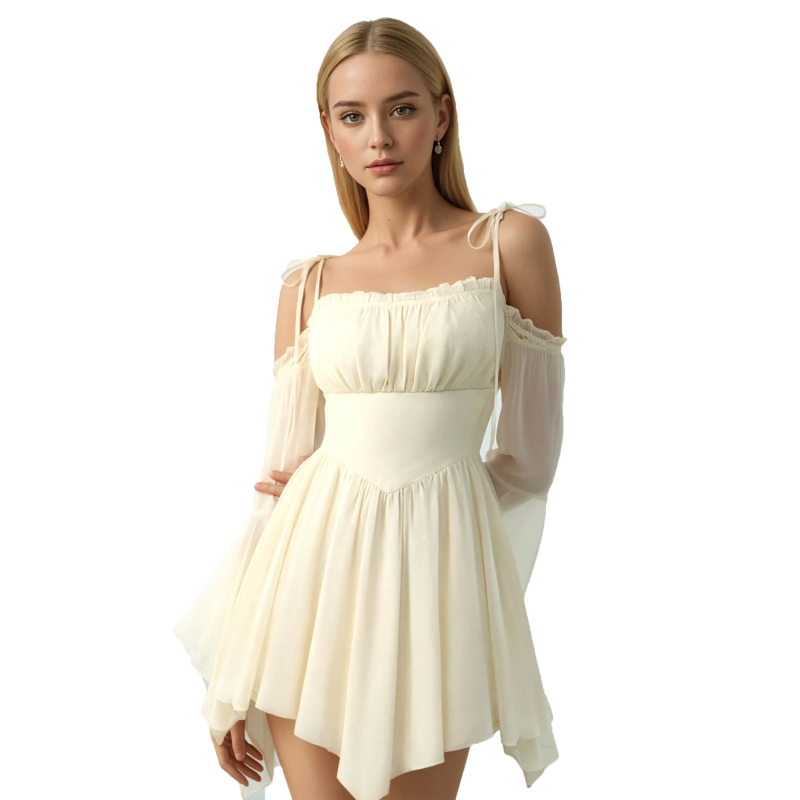 

2026 New Women'S Renaissance Fairy Dress Cold Shoulder Bell Sleeve Chiffon Mini Dress Bohe Corset Dress Halloween Cosplay Dress