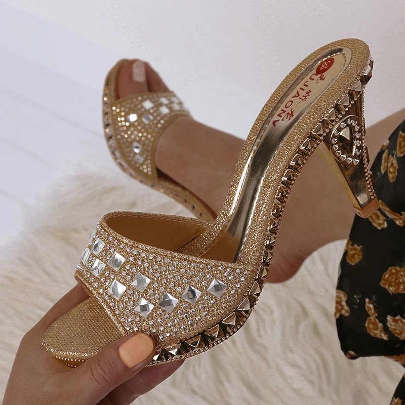 Summer Women Sandals Rhinestone Women Shoes Sexy High Heels Shoes Women Sandalias Gold Silver Women Slippers Heeled Sandals Sexy