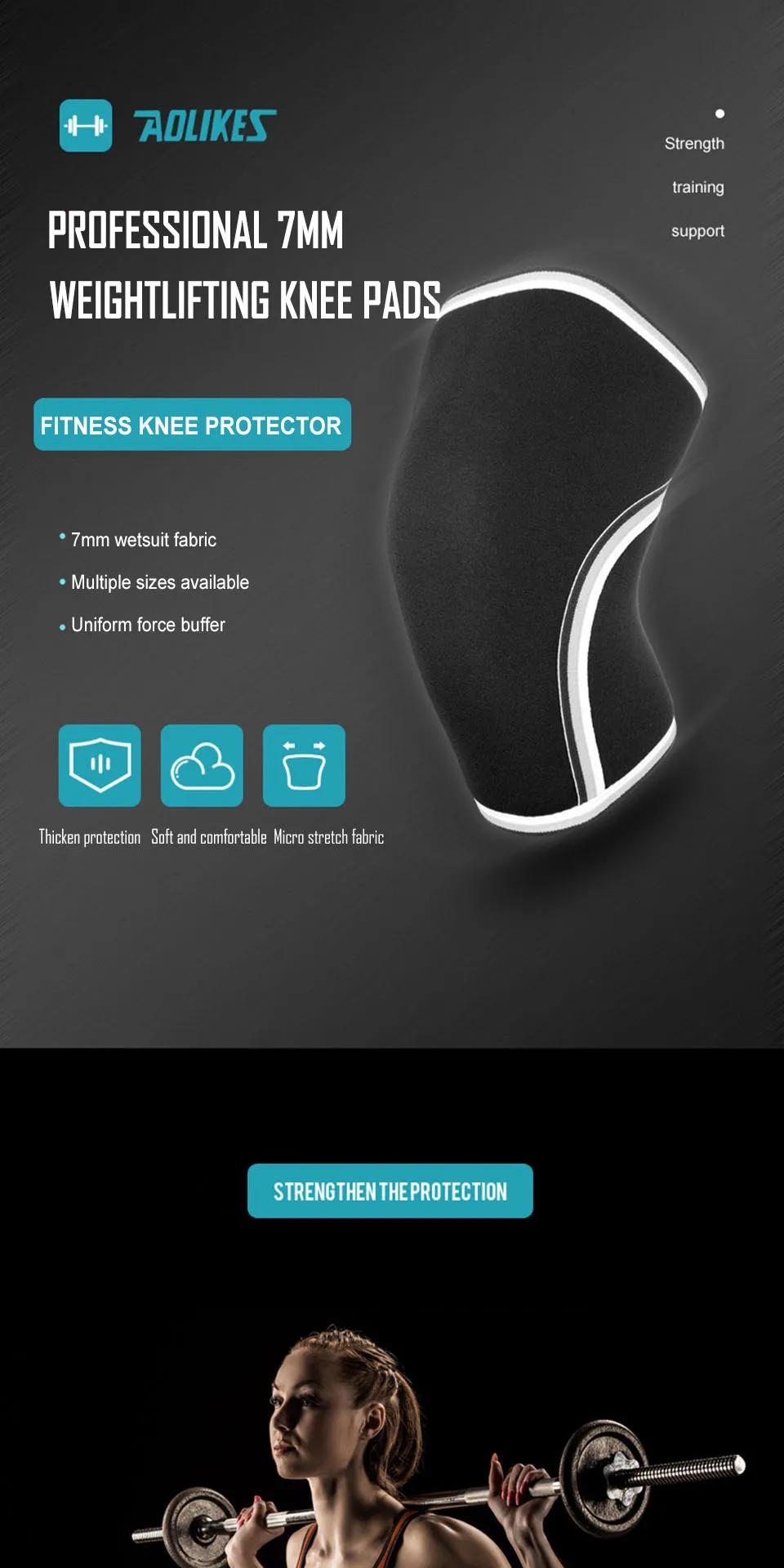 AOLIKES Gym Kniestrümpfe für Männer und Frauen (Paar) | 7 mm dicke Neopren-Kompressions-Kniebandagen | Für Kniebeugen, Gewichtheben – Detail 3