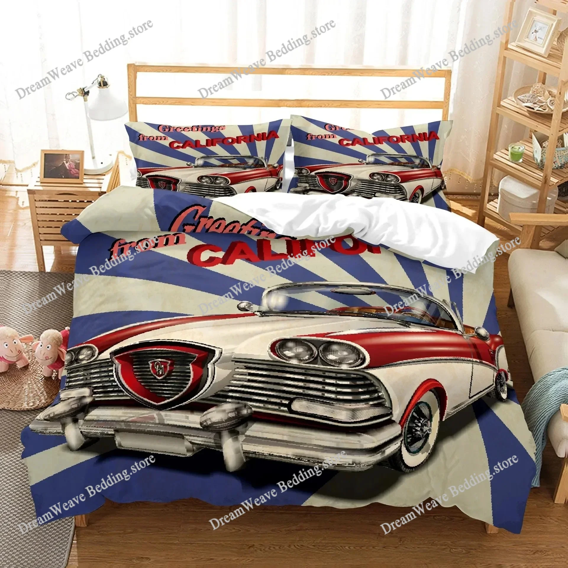 

New York Statue of Liberty Duvet Cover KingQueen Size Retro Car Nostalgic 50s Polyester Bedding Set,Vintage Car Quilt Cover