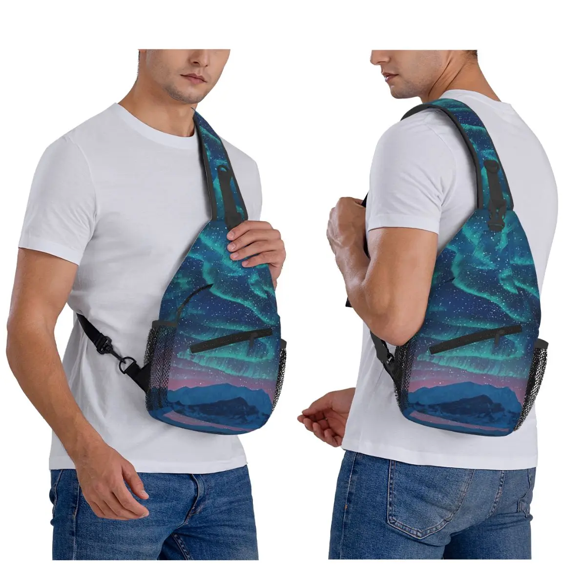 

Aurora Borealis Over Mountain Chest Bag Men Sling Crossbody Backpack Chest Bag Traveling Hiking Daypack Shoulder Bag