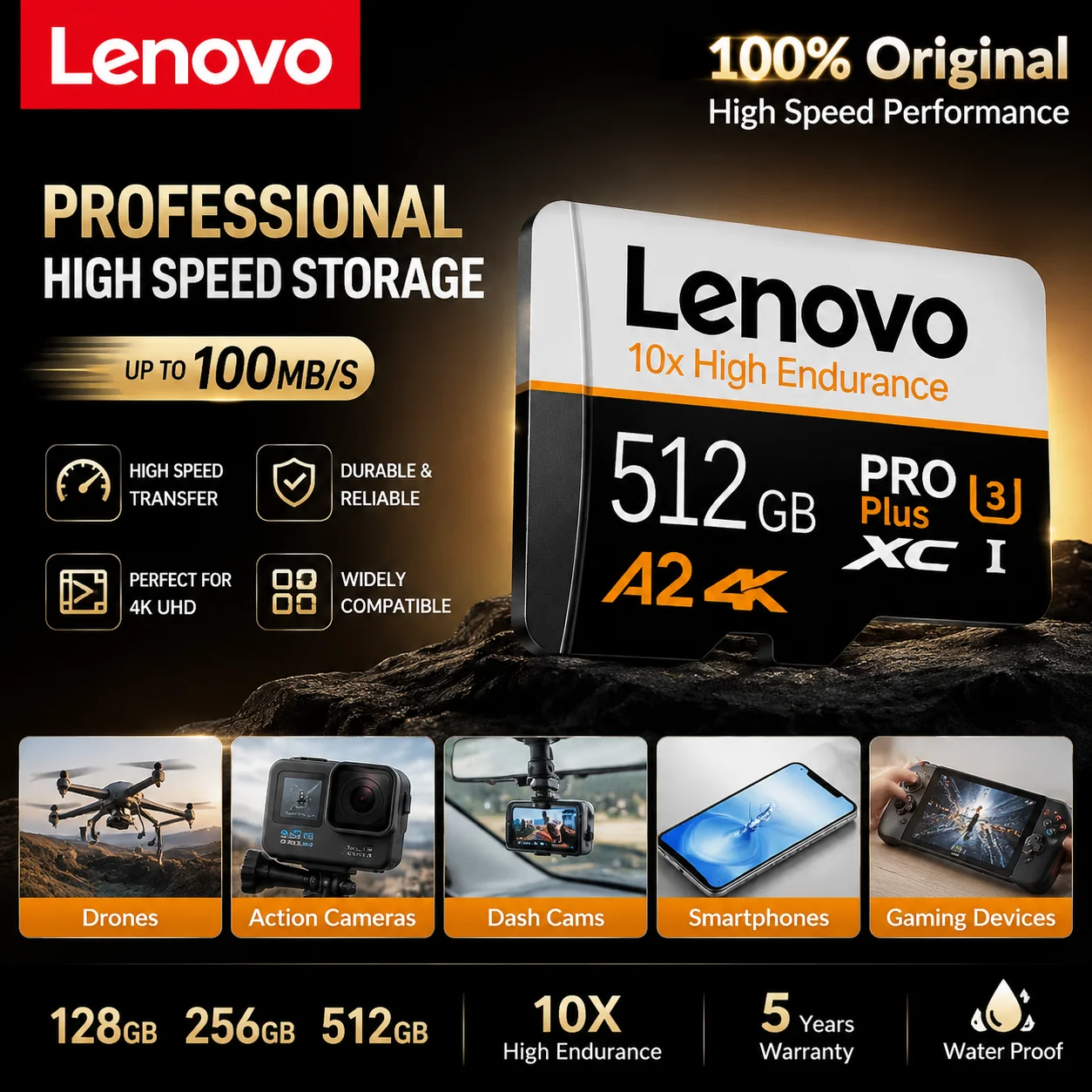 بطاقة ذاكرة Lenovo V30 U3 Micro SD بسعة 512 جيجابايت، 128 جيجابايت، 256 جيجابايت، متوافقة مع DJI، بطاقات فلاش عالية السرعة، تدعم MicroSD و4K