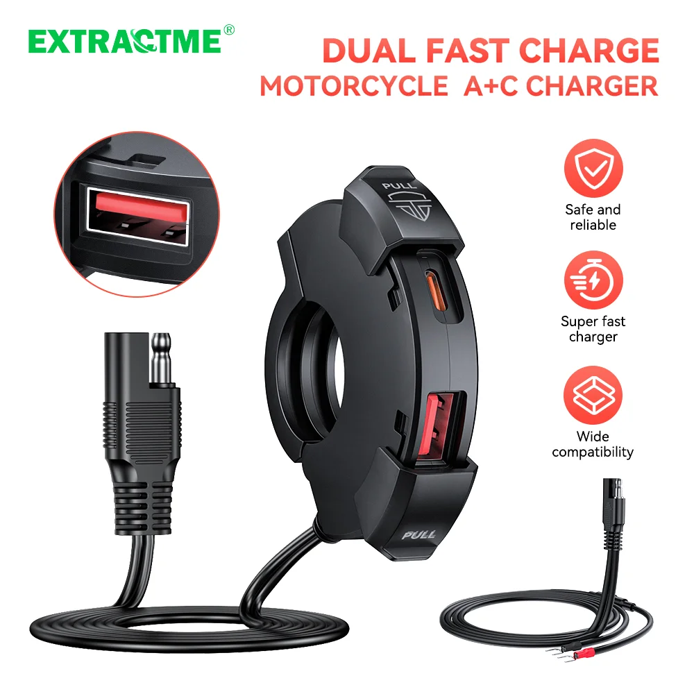 Extractme Motorcycle Phone Charger Ultra-Narrow Dual USB Type C 30W PD&Quick Charge 3.0 Waterproof Motorcycle USB Port for Phone