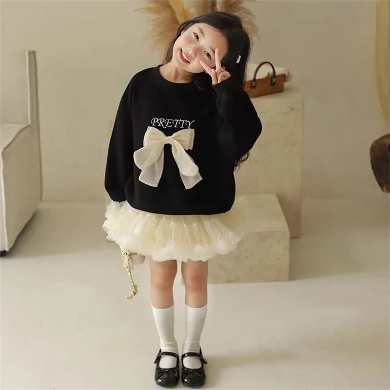 Girl\'s Sweatshirt Children\'s Spring Bow Long-sleeved Pullovers Kids Sweet Casual Hoodless Tops Girls Princess Autumn Clothing