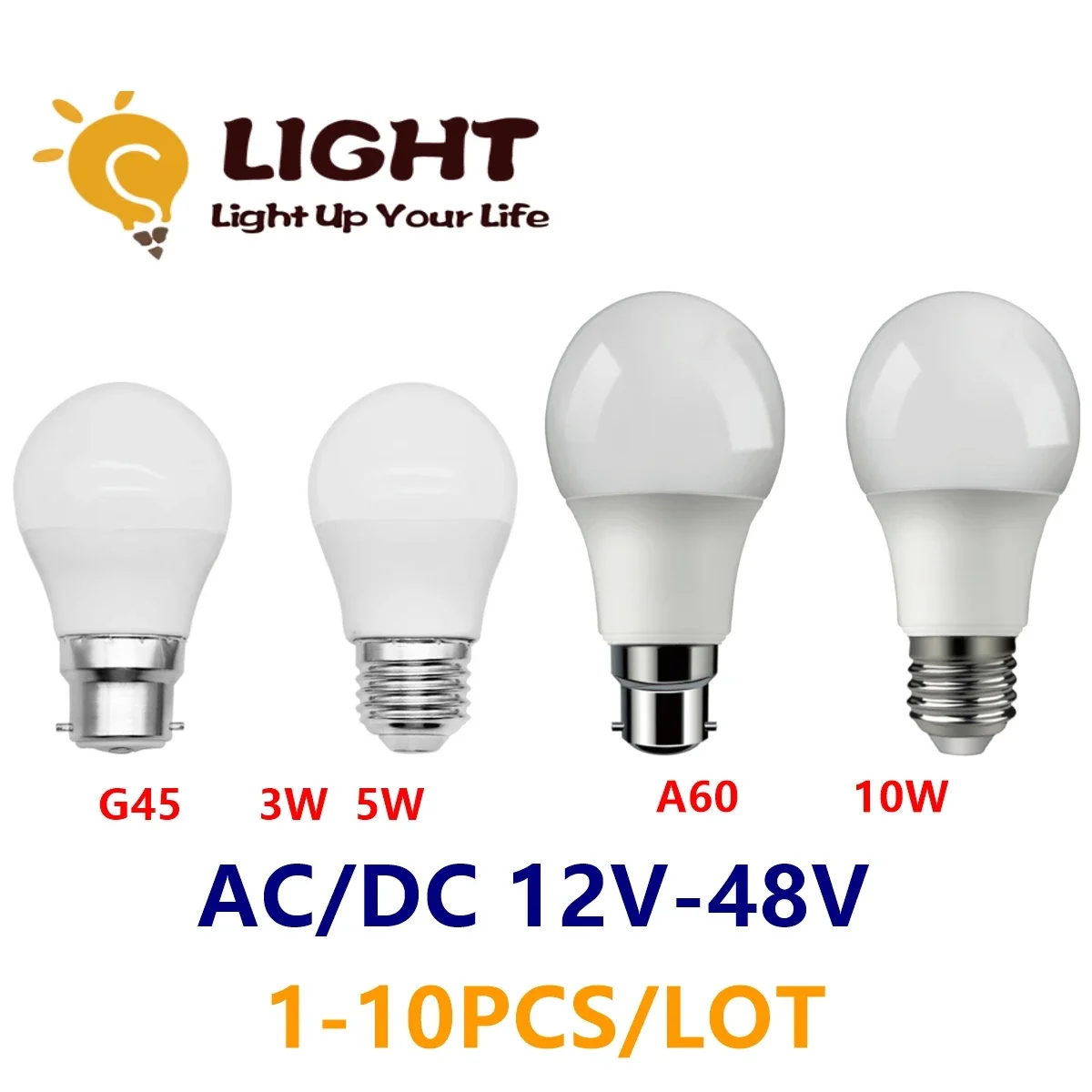 

1-10pcs LED Low voltage AC/DC12V 24V 36V 48V bulb 3W 5W 10W super bright without strobe E27 B22 suitable for solar battery bulbs