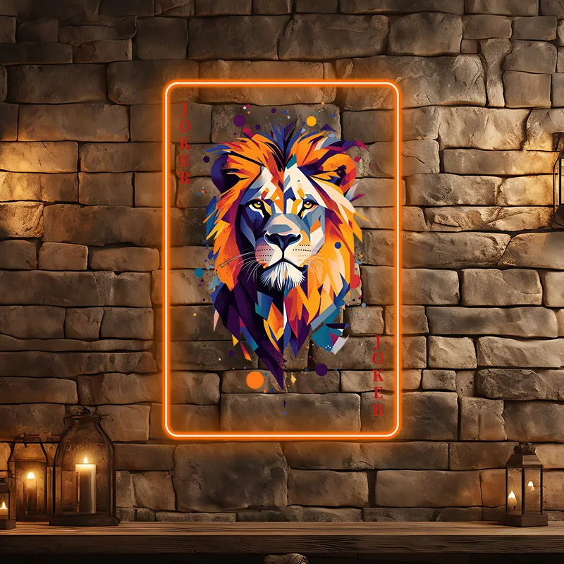 Arte de pared LED de neón Joker Lion: diseño geométrico vibrante con colores audazes, regalo perfecto para sala de juegos, cueva de hombre y decoración moderna