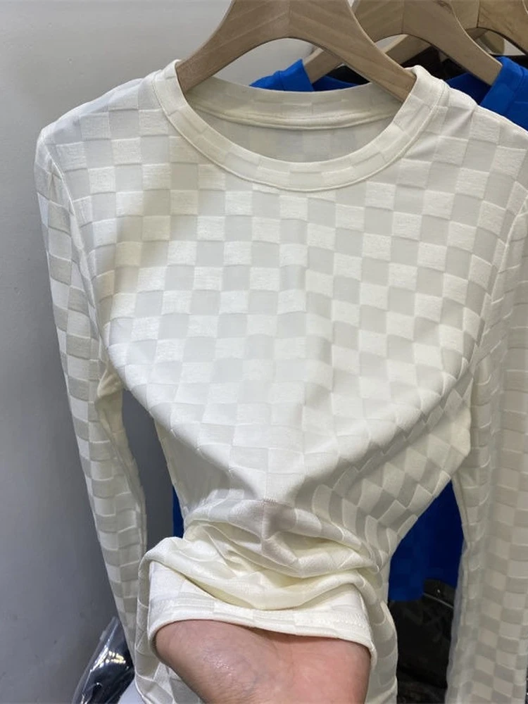 T-shirt slim à carreaux à manches longues pour femmes, haut court pour filles, vêtements pour femmes, Y2K, printemps, automne, été