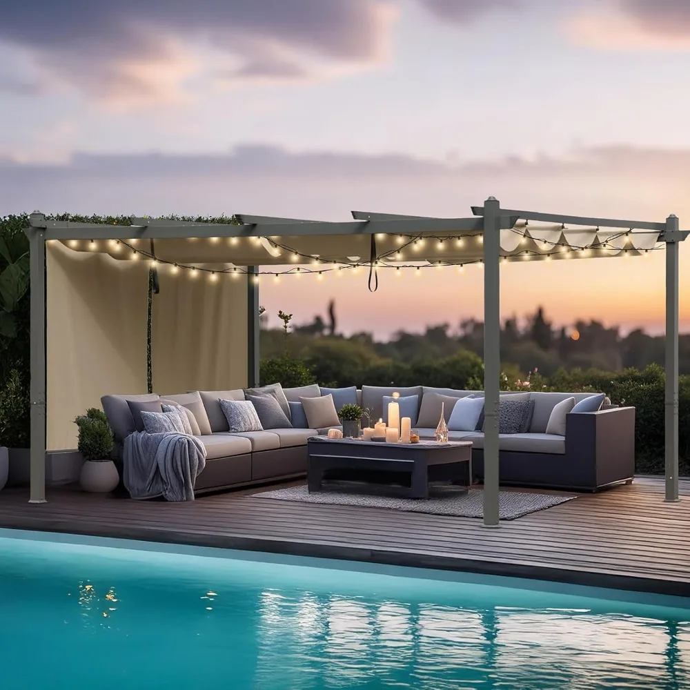 

12 x 14 Ft Outdoor Aluminum Pergola, Retractable Canopy & 1 Side Shade for Patio Backyard Garden Deck