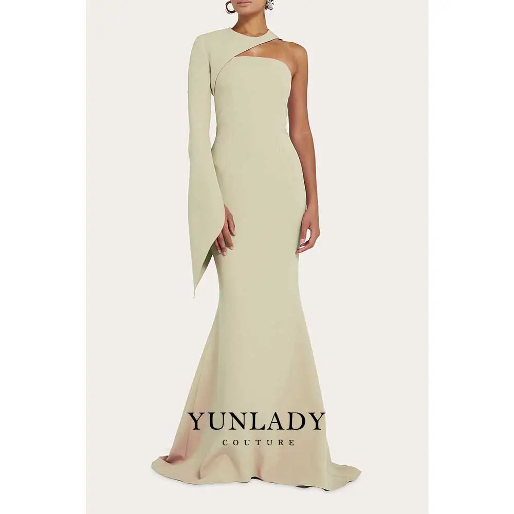 YUNLAN Gorgeous Saudi Women Light Yellow One Shoulder Sleeve Cover Up Gown Floor Length Ball Gown 2024 for Wedding Party