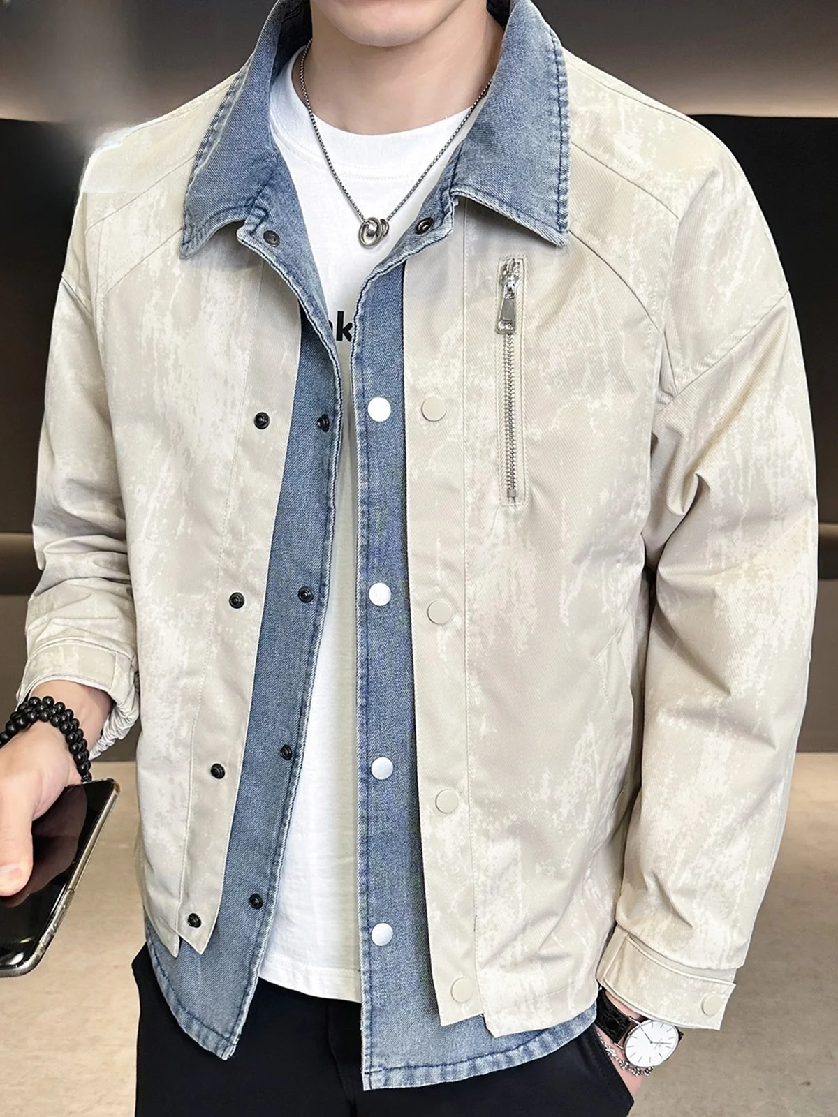 

Мужская джинсовая куртка с эффектом потертости, весна-осень, с длинными рукавами, повседневная, классическая, на молнии, хлопковая верхняя одежда