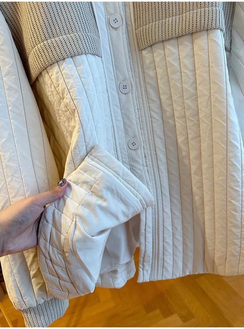 Autumn Winter New Cotton Clothes Women Fashion Single Breasted Loose Knitted Spliced Striped Cotton Coat Women Parkas