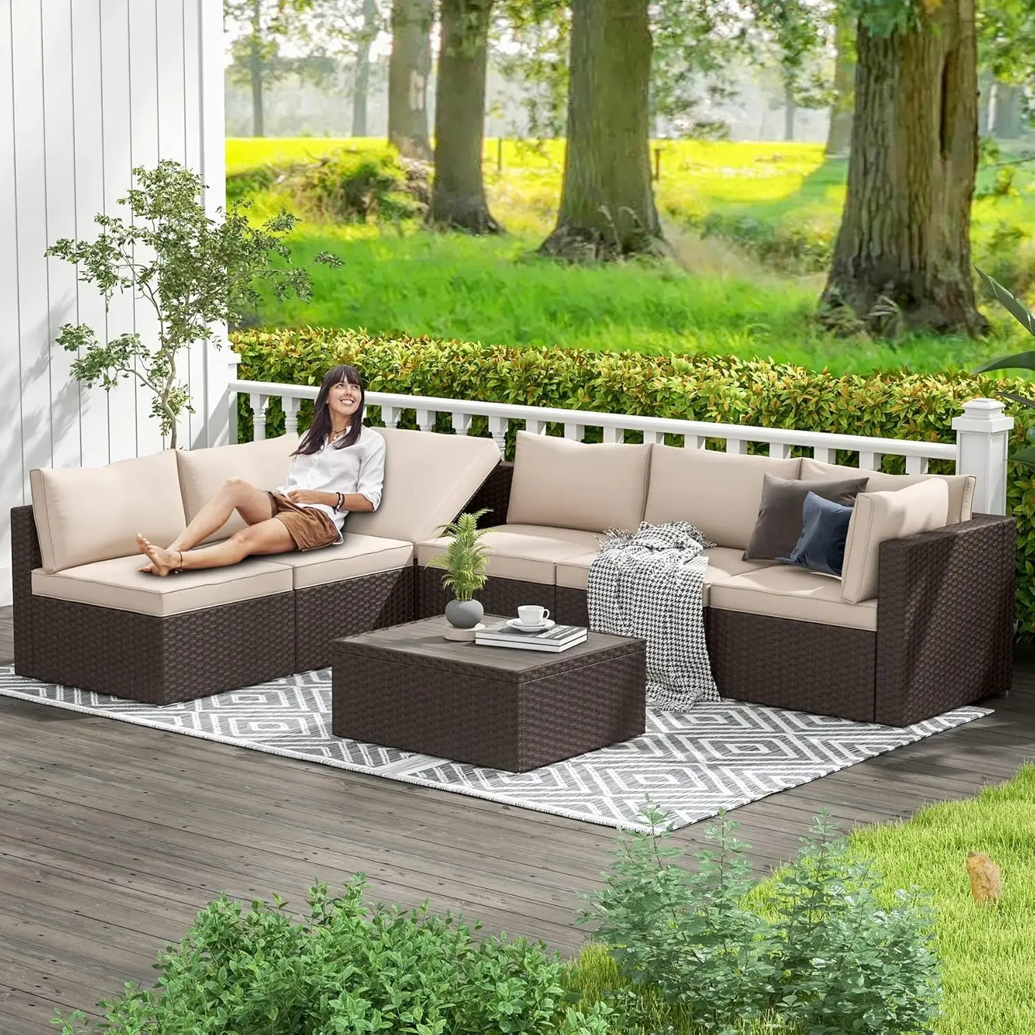 7 Piece Patio Furniture Set with Adjustable Bracket All-Weather Wicker Conversation Set with Coffee Table for Porch Garden