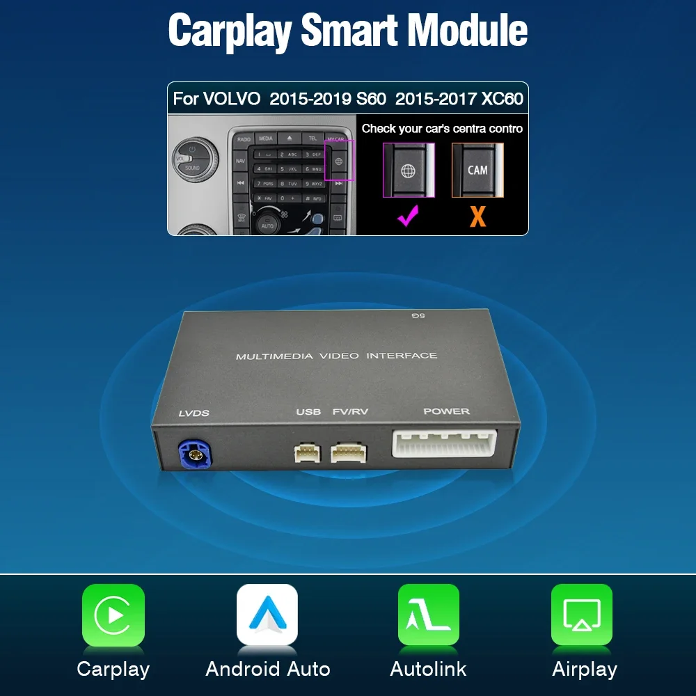 AUTOTOP Draadloze CarPlay Android Auto Module voor Volvo XC60 XC70 S60 S80 V60 V70 V40 2010-2018 Plug-and-Play Decoder Behoudt OEM-systeem Knopbediening Ondersteunt Camera Decoder GPS Navi