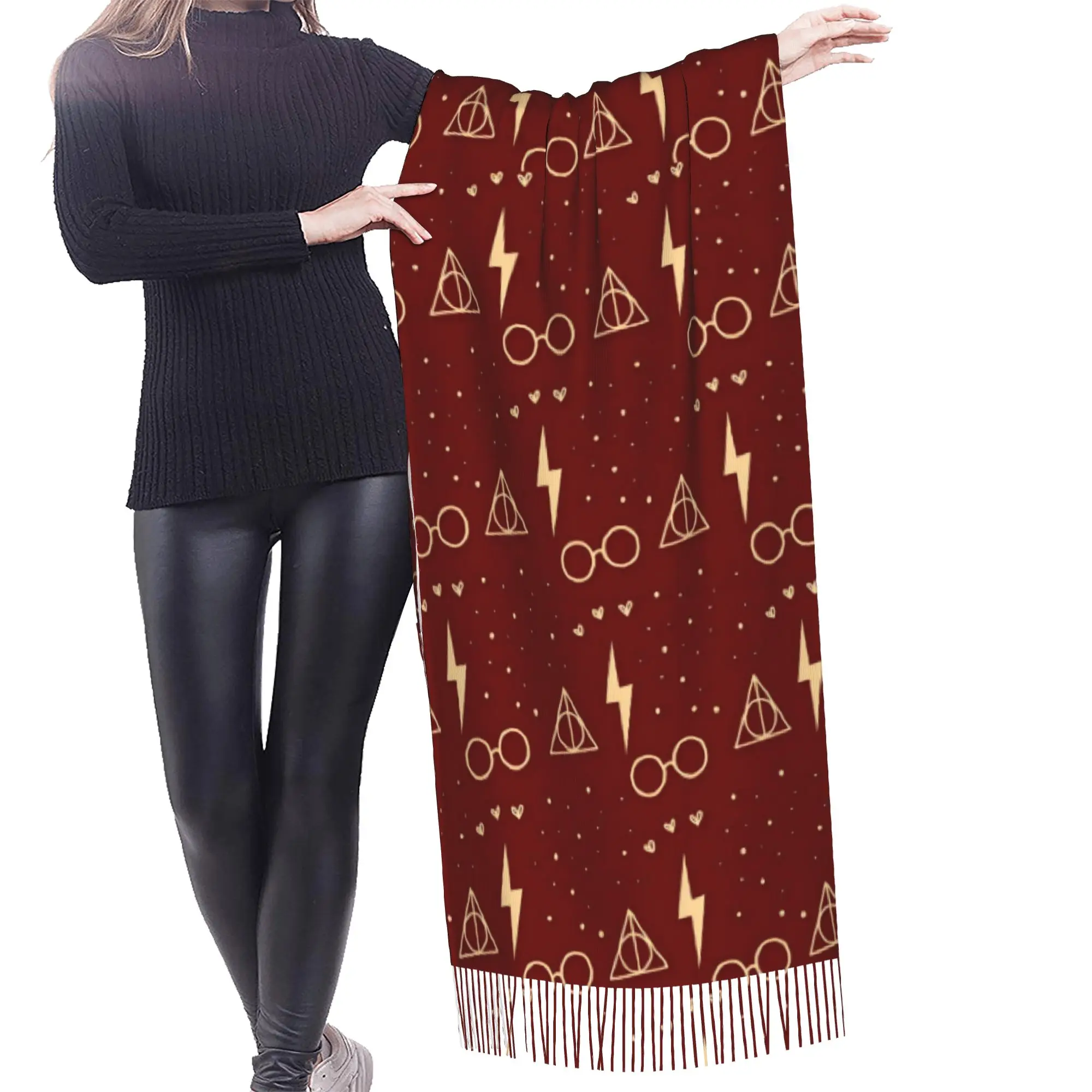 Custom Female Large Halloween H-Harryed Scarves Women Winter Soft Warm Tassel Shawl Wrap Magic School Spooky Scarf