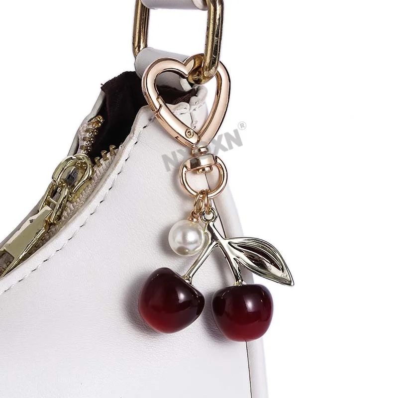 1pc Pretty Pearl Simulated Cherry Enamel Keychain Cute Fruit Plant Key Ring For Women Girls Handmade Jewelry Good Gift