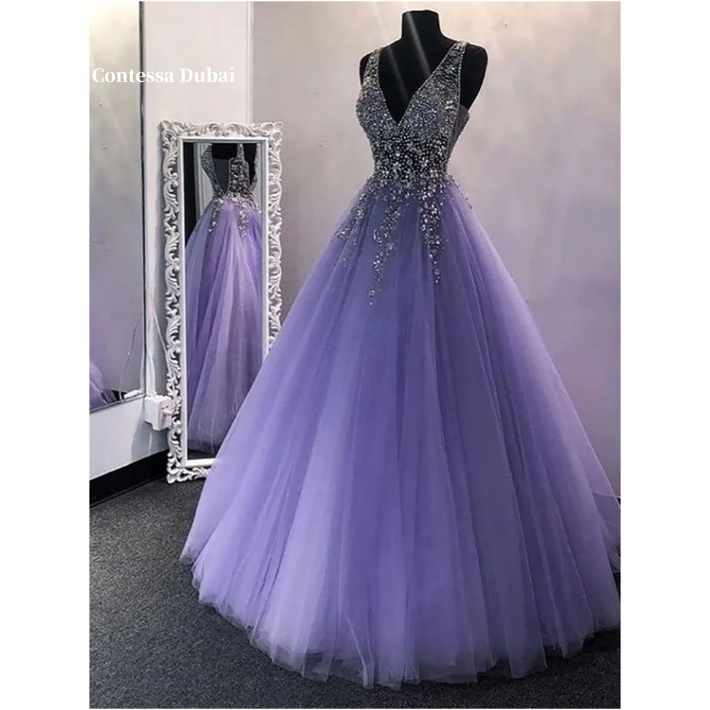 

Contessa Dubai Rhinestones Flower Glitter V-Neck Prom Dresses Sleeveless A-Line فساتين سهرات Purple Floor-Length robes de soirée