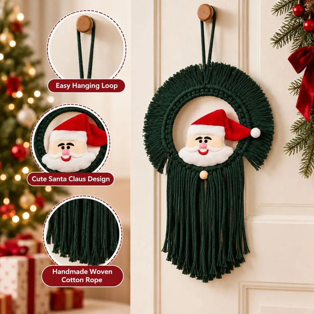 20x30cm Santa Claus Wall Hanging Round Shape Tassel Fringe Woven Wall Hanging Hanging Loop Handmade Woven