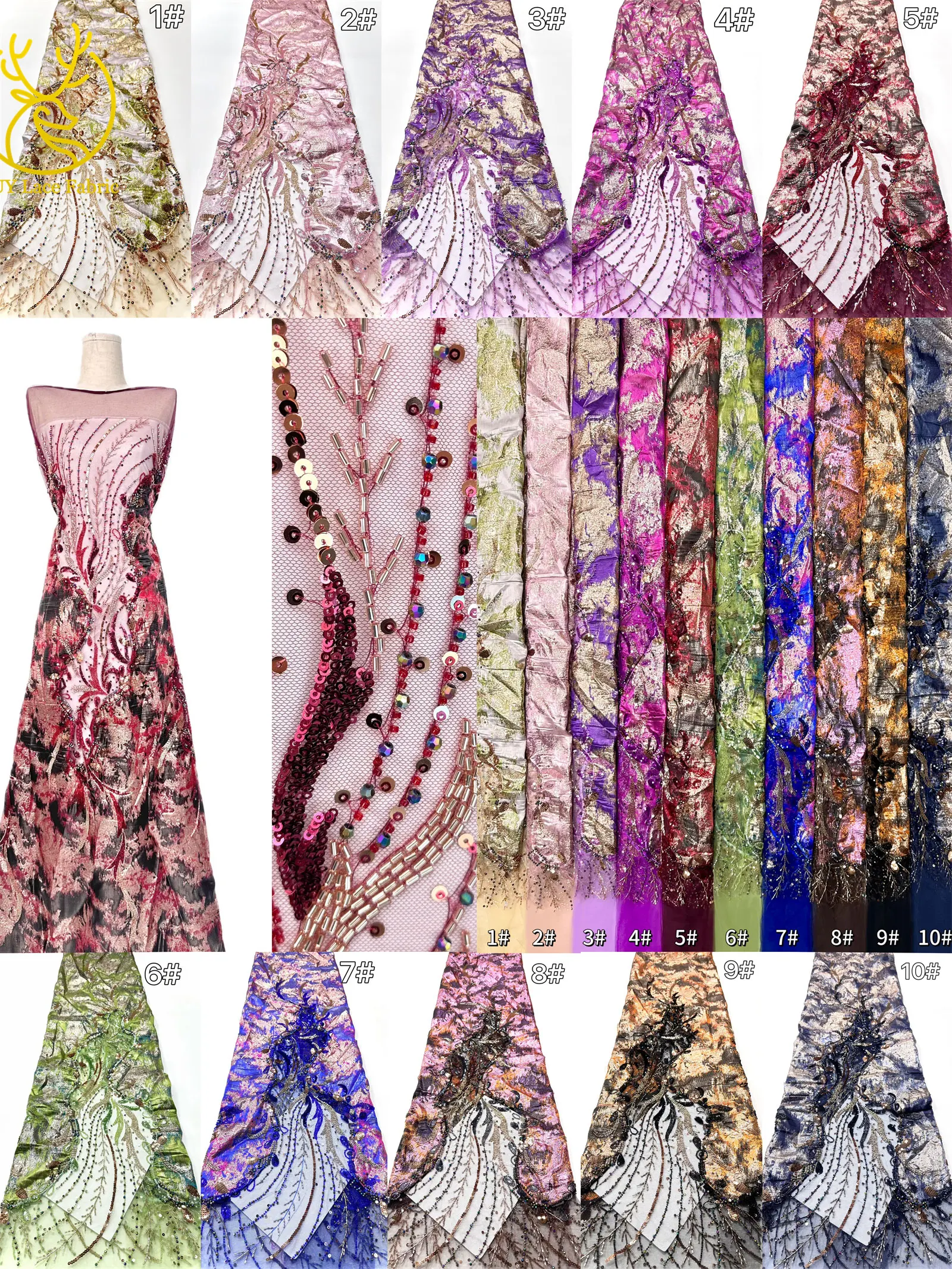 Burgunderroter neuer Design afrikanischer schwere Perlen-Chiffon-Spitzenstoff 2026 Hochwertiger nigerianischer Pailletten-Spitzenstoff für Partykleider – Detail 3