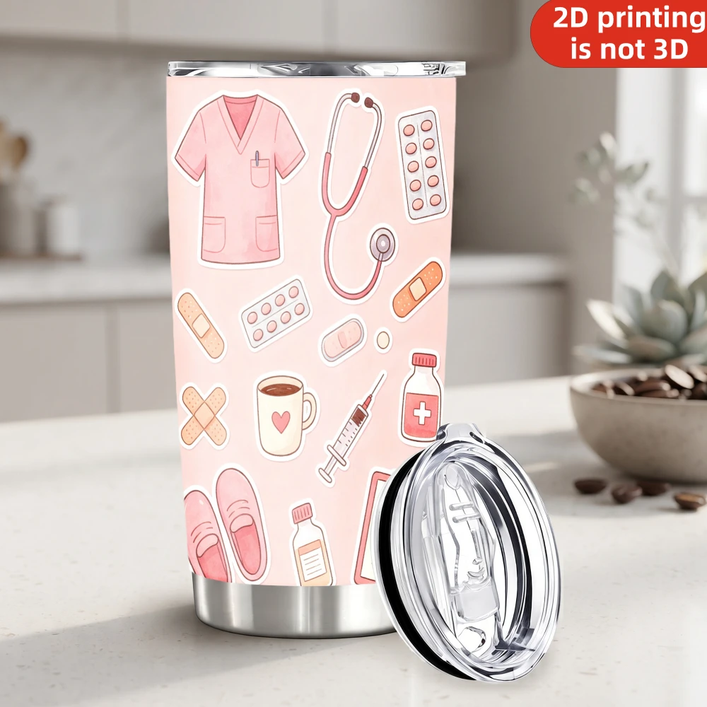 20oz Cute Nurse Life Medical Printed Stainless Steel Tumbler with Lid and Straw, Pink Watercolor Scrubs Stethoscope Medical Assistant Vacuum Insulated Travel Mug Gifts