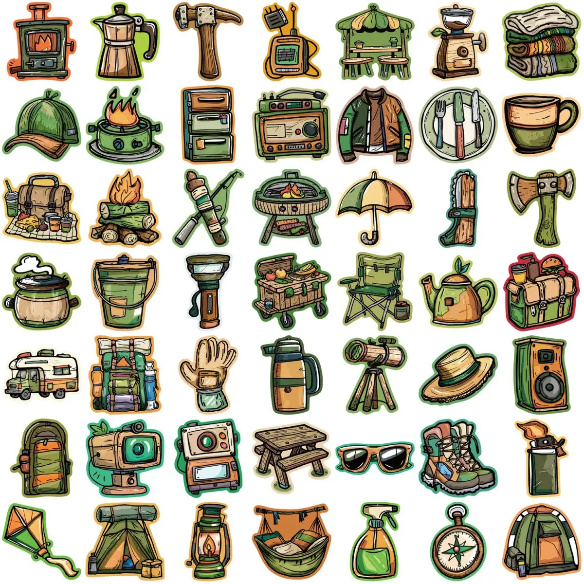 

Original 100 Pcs Camping Doodle Stickers, Hand-Drawn Adventure Art for Journal, Gear & DIY Decoration Collection