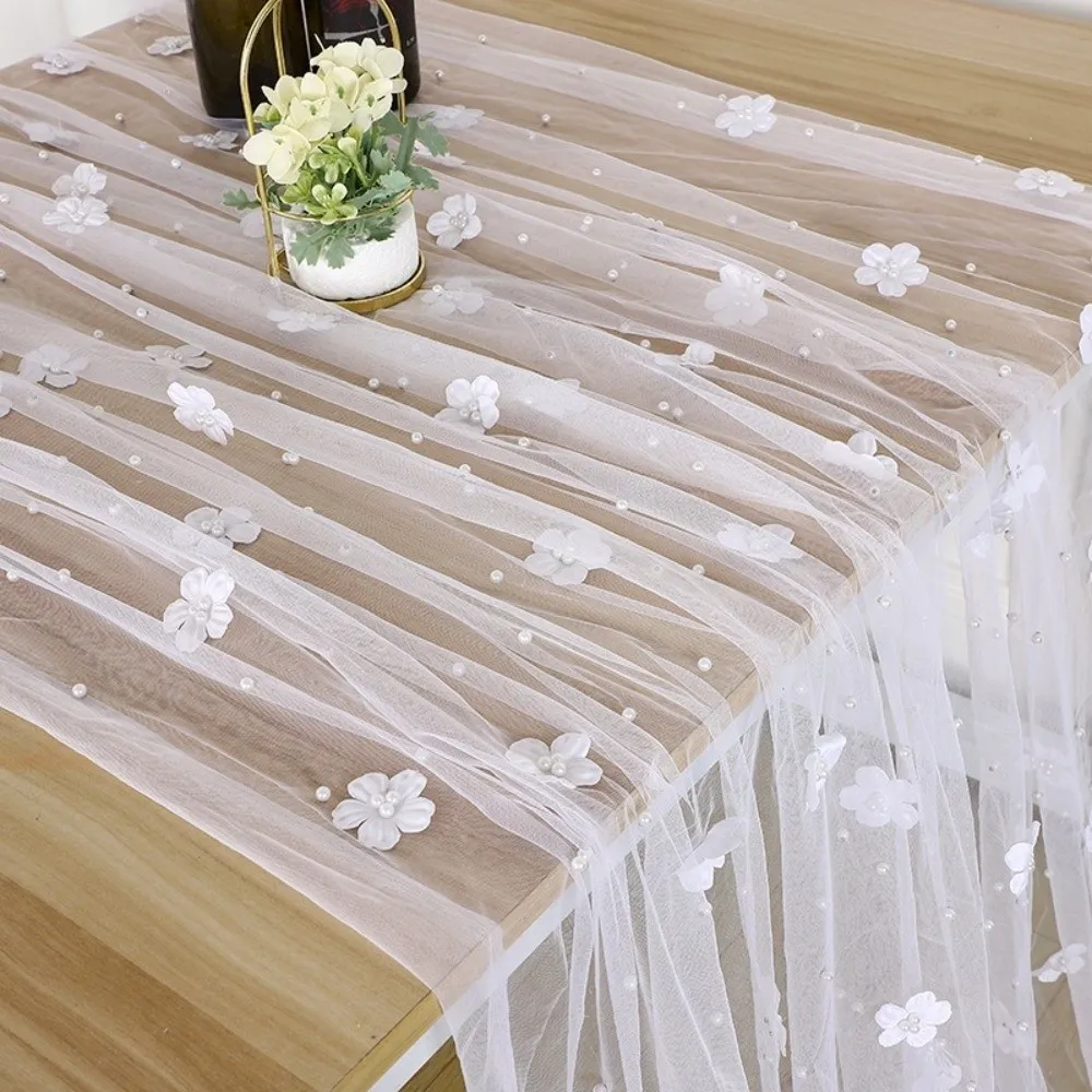 Elegant Flower Pearl Tablecloth Pearl Embellishments Semi-Transparent Table Runner Romantic Decorative Wedding Table Runner