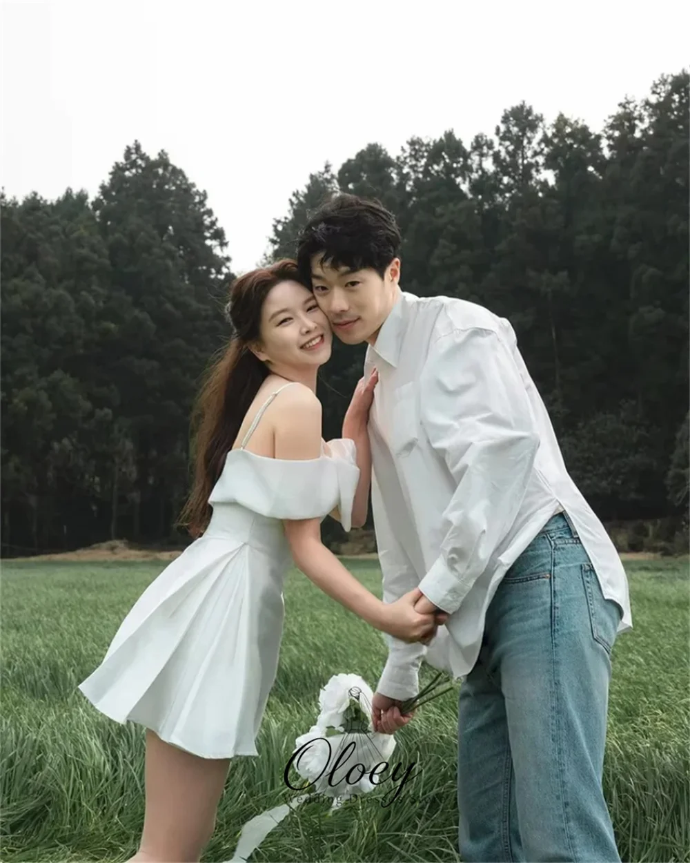 OLOEY Playful Off The Shoulder Bow Korea Wedding Dress Photo Shoot  A-Line Satin Spaghetti Strap Mini Bridal Gown Customized