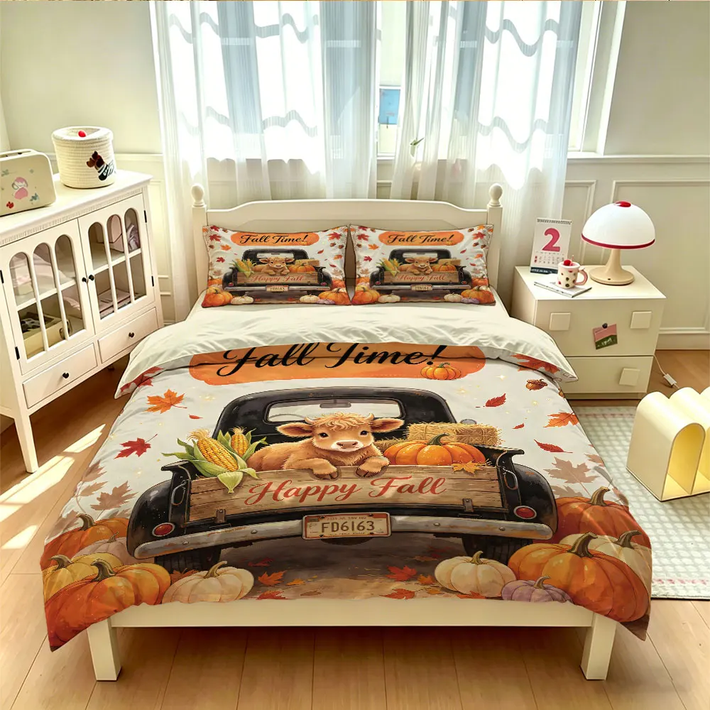 3pcs(1 duvet cover + 2 pillowcases, coreless)Happy Fall Pumpkin Calf Truck Decorative Painting Bedding Set multiple sizes