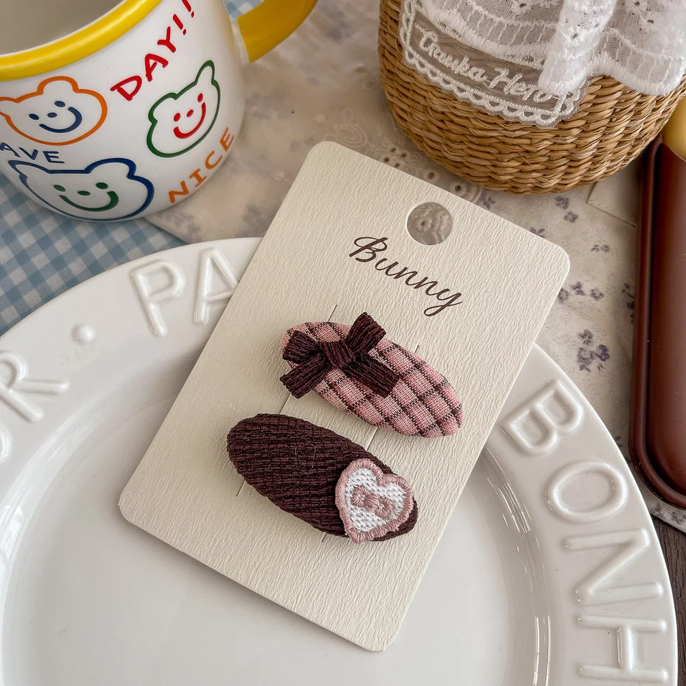 2 pçs novo rosa café xadrez tecido hairpin crianças doce hairpin franja headwear meninas crianças acessórios para o cabelo