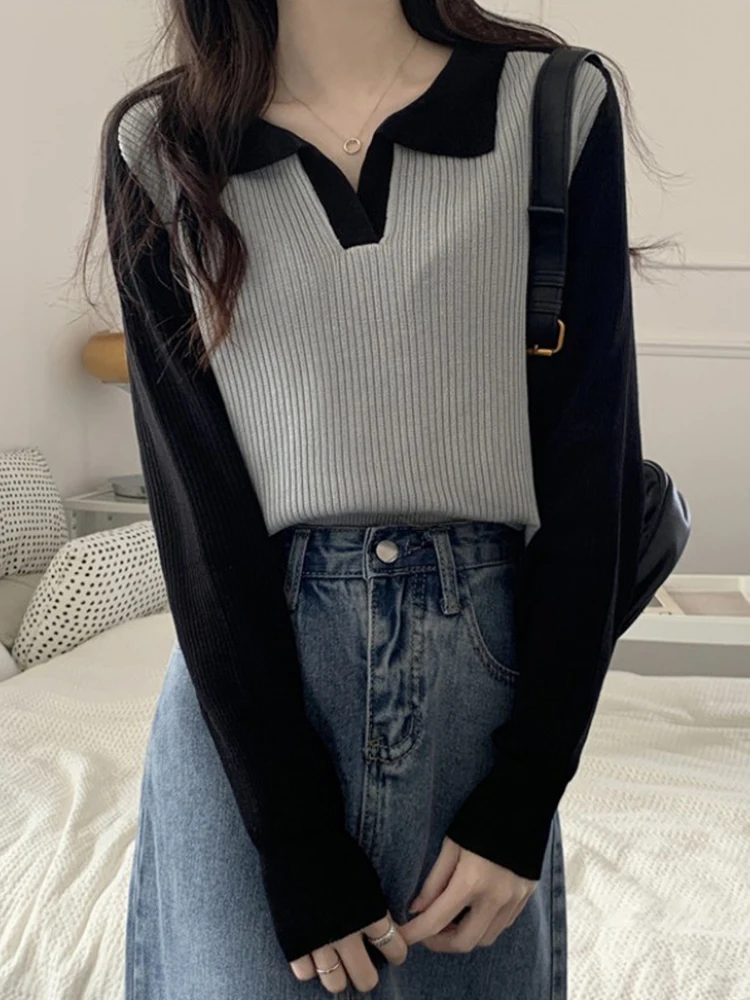 

Women's Long Sve Knitted irt Autumn Top Sweet Japanese Sle Loose Fit Base Layer Bla Crew Ne Pullover