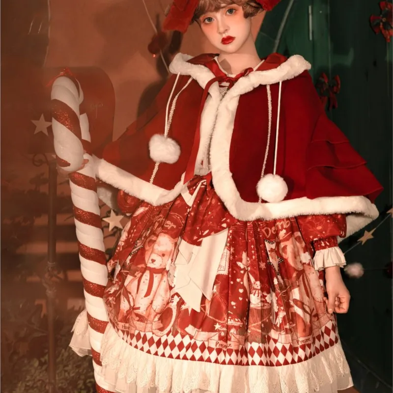 Langärmliges, neues, weihnachtliches, süßes Cape-Kleid mit Kapuze