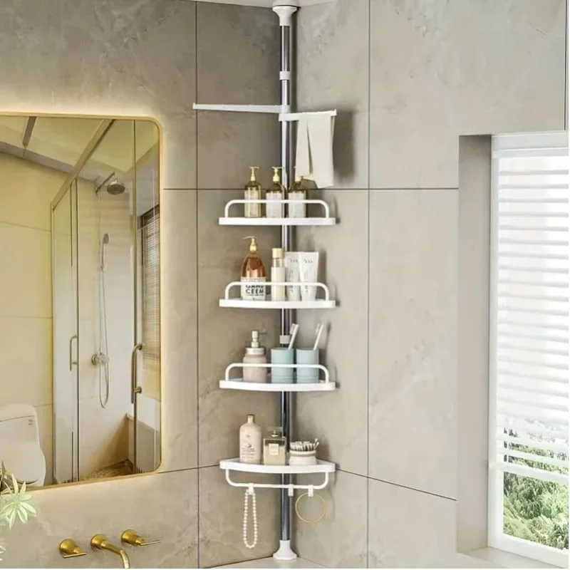 Verstellbare Teleskop-Eckduschablage, Bohrfreie Installation, 105-320cm Höhe mit 4 Ablagefächern, Multifunktionaler Organizer für Badezimmer, Badewanne, Küche & Spüle