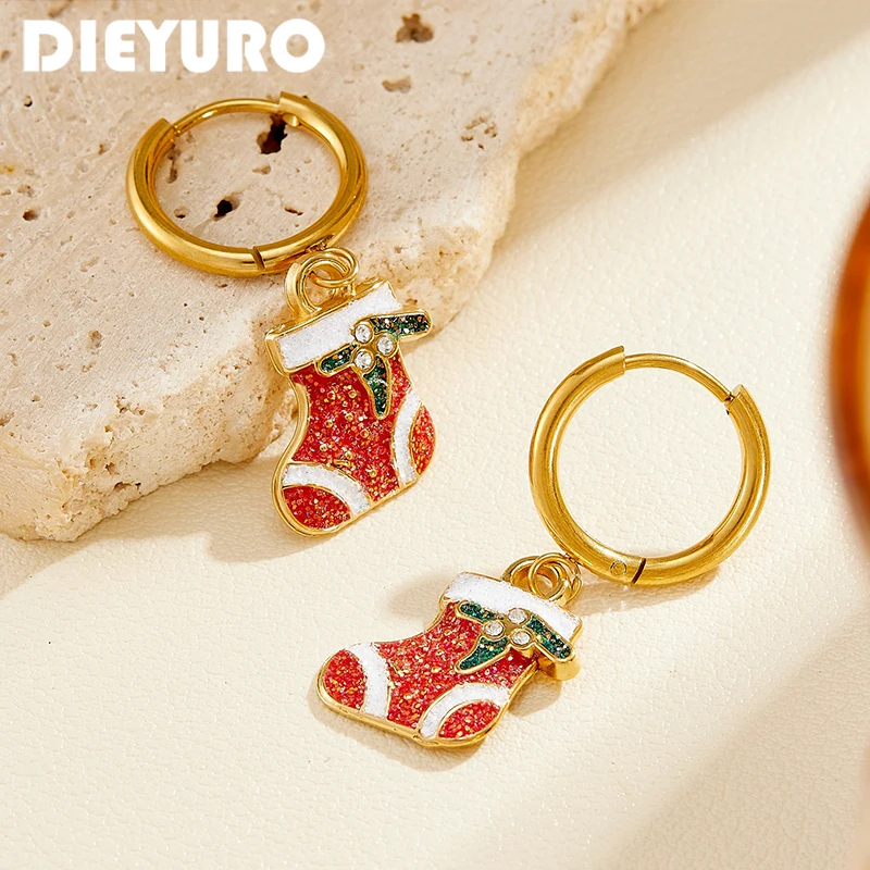 DIEYURO Stainless Steel Cute Glitter Christmas Stocking Hoop Earrings For Women Enamel Drop Earrings Holiday Party Jewelry Gift