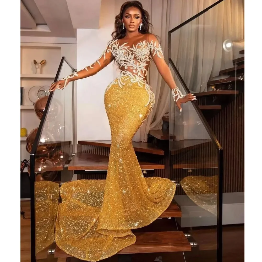 Fabulous Mermaid Beaded Prom Dresses Long Sleeves Plus Size Crystals Evening Gown Sweep Train Satin Formal Dress Robes De Soirée