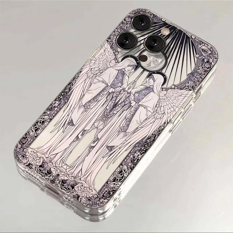 Modny biały anioł przezroczysty miękki futerał na iPhone 15 14 13 12 11 14 Pro Max XS XR SE 7 8 Plus luksusowy pokrowiec na telefon Coque