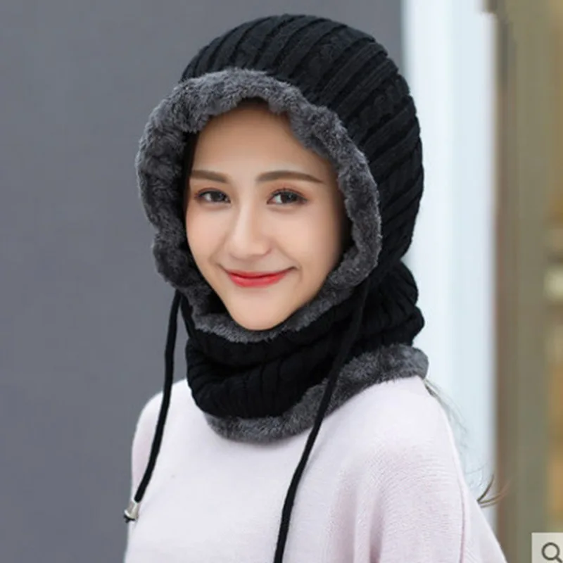 2022 Hijab Cap Women\'s Dense Hat Women Knitted Cap Mask Set Hooded for Winter Warm Russia Outdoor Ski Windproof Hat Beanies