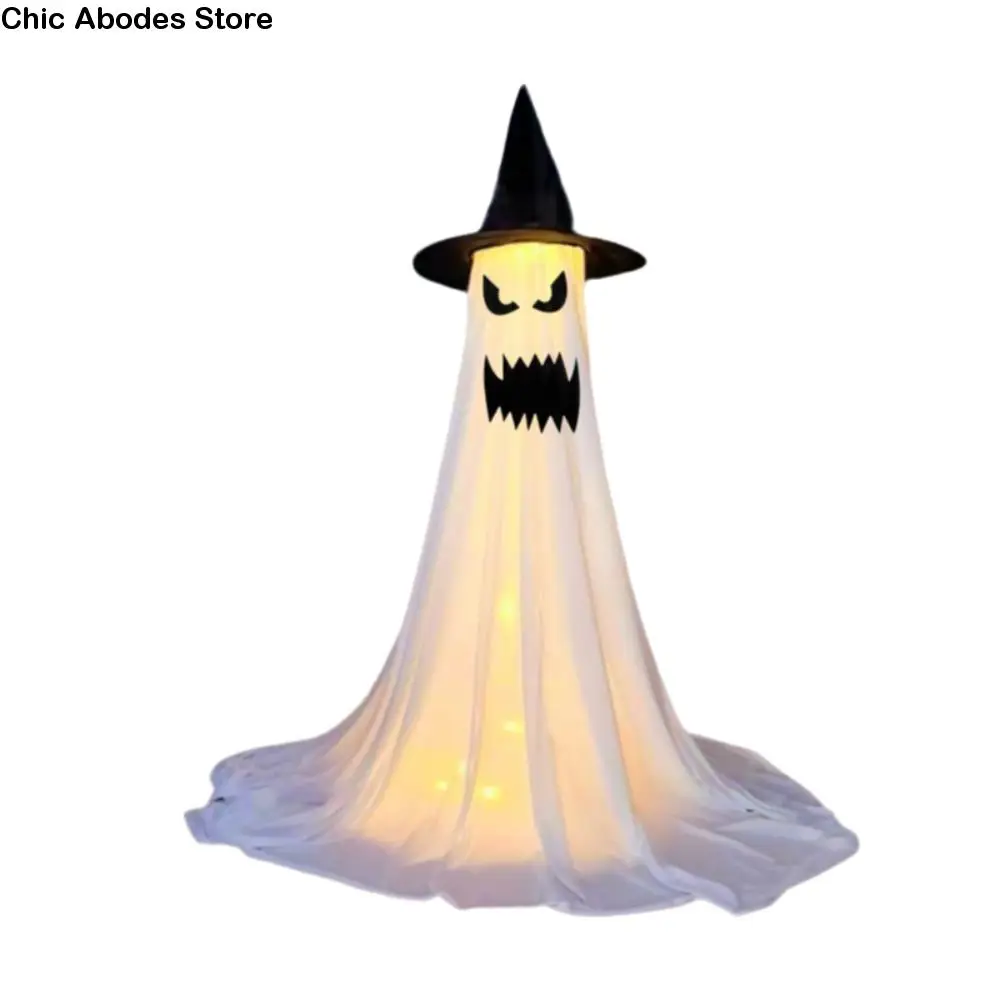 

With Witch Hat Standing Ghost Light Luminous White Halloween Yard Ghost Ornaments Stable Base LED Glow Specter Ornament