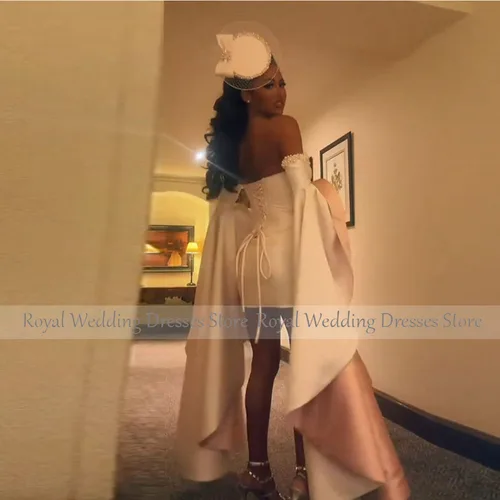 Imagen 2 del producto Mini vestido de cóctel corto de satén rosa para mujer, vestido de cóctel sin tirantes, vestido de fiesta con cuentas y mangas desmontables