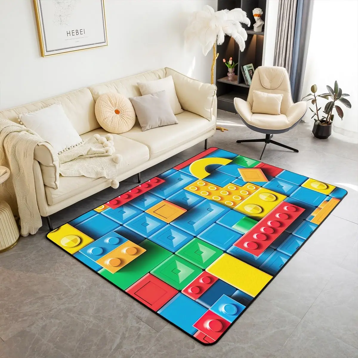 Building Blocks Carpet for Kids Boys, Colorful Toy Area Rug for Living Room Decor, Funny Patchwork Geometric Non Slip Floor Mat