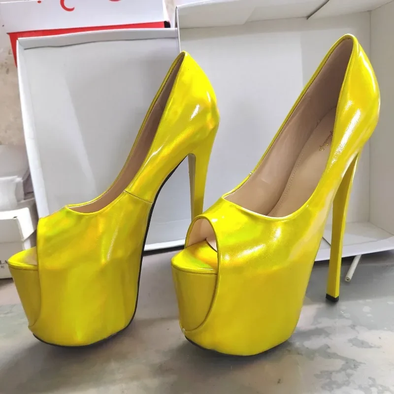 Sexy Peep Toe Platform Women Pumps 22cm Super High Thin Heels Patent Leather Wedding Stilettos Large Size 9 Inches Wedding Shoes
