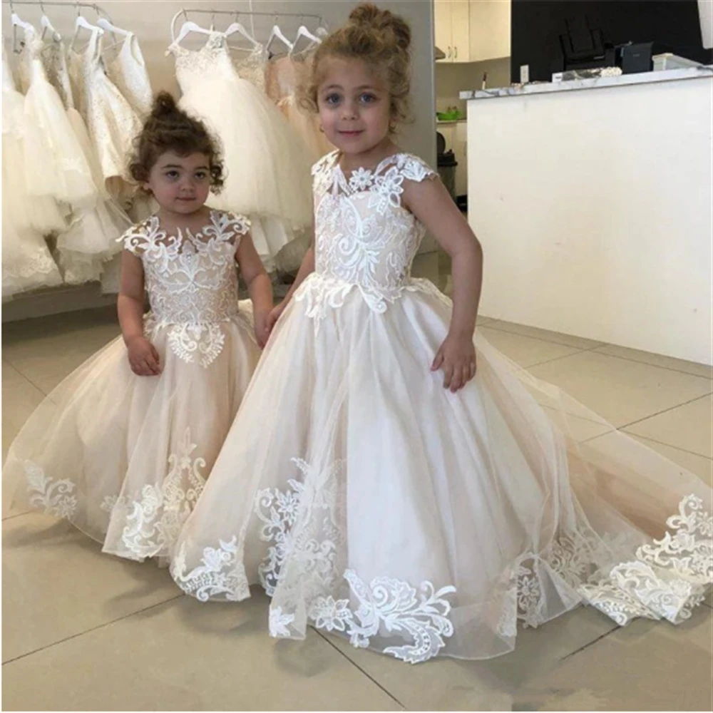 

Lace Tulle First Communion Flower Girl Dresses Wedding Sleeveless Champagne For Birthday Party Beauty Pageant Prom Ball Gowns