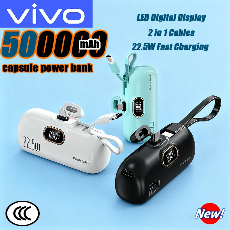 

Портативное зарядное устройство VIVO 500000 мАч, мини-пауэрбанк с быстрой зарядкой 22.5 Вт, Type-C, для iPhone, Huawei, аварийный внешний аккумулятор