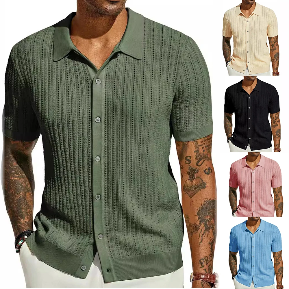 2025 nuevas camisetas informales para hombre, camisas de punto frescas de verano para hombre, solapas de manga corta, ropa transpirable hueca de Color sólido