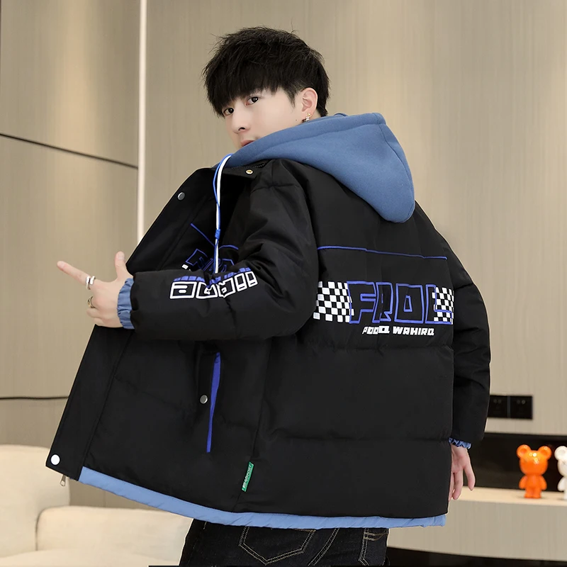 

Мужская зимняя утепленная хлопковая куртка с капюшоном, свободного кроя, имитация двухслойности, теплая повседневная одежда, стандартная длина, полиэстер