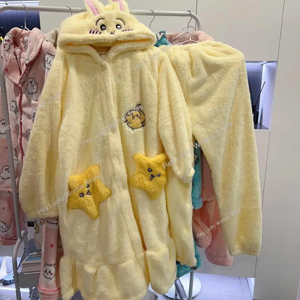 

Cartoon Chiikawas Pajamas Kawaii Coral Velvet Home Wear Long Length Nightgown Thick Cardigan Pant Cute Girl Casual Home Clothing