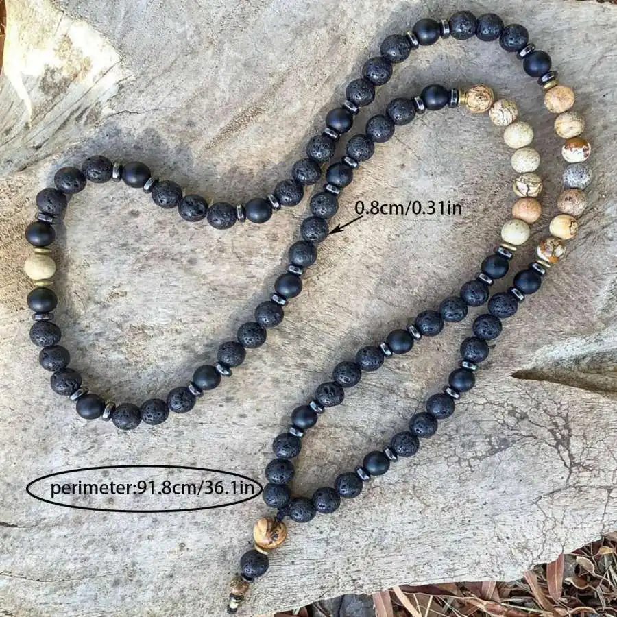 Natural Lava Rock, Matte Black Onyx & Picture Jasper 108 Mala Beads Necklace Grounding & Protection Healing Crystal Jewelry