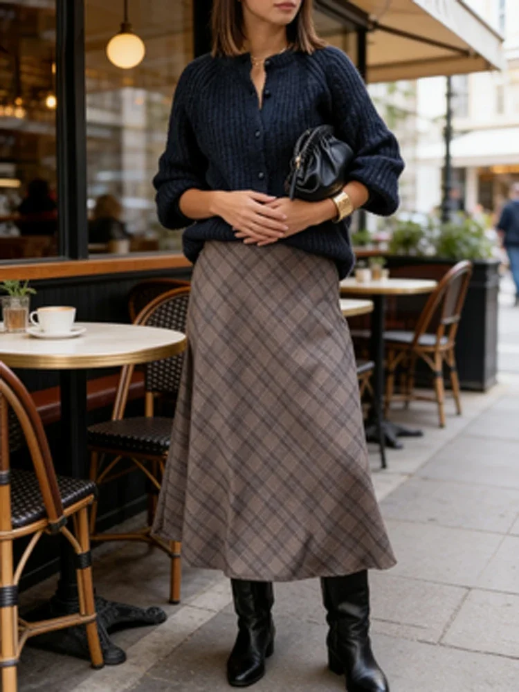 

Новая повседневная юбка миди в клетку для женщин, с завышенной талией, А-силуэт, свободный крой, с коричнево-синим узором, для повседневной носки и свиданий, коллекция 2026